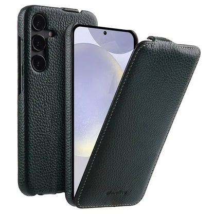 MELKCO For Samsung Galaxy S24 Case Vertical Flip Genuine Cow Leather Phone Cover Full Protection