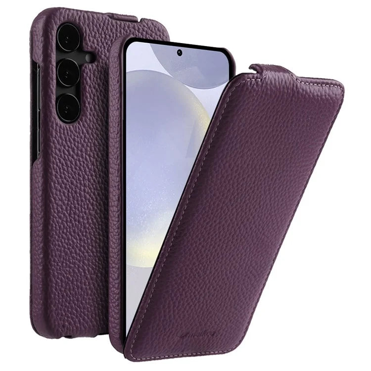 MELKCO For Samsung Galaxy S24 Case Vertical Flip Genuine Cow Leather Phone Cover Full Protection