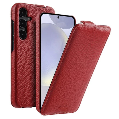 MELKCO For Samsung Galaxy S24 Case Vertical Flip Genuine Cow Leather Phone Cover Full Protection