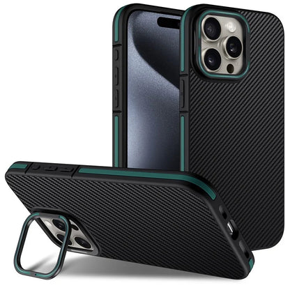 For iPhone 15 Pro Magnetic Case Kickstand TPU Carbon Fiber Texture Phone Cover Drop-Proof Protection