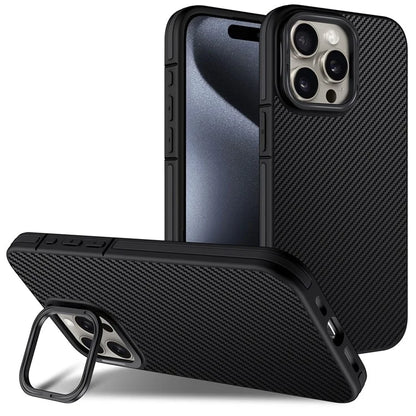 For iPhone 15 Pro Magnetic Case Kickstand TPU Carbon Fiber Texture Phone Cover Drop-Proof Protection