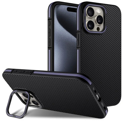 For iPhone 15 Pro Magnetic Case Kickstand TPU Carbon Fiber Texture Phone Cover Drop-Proof Protection