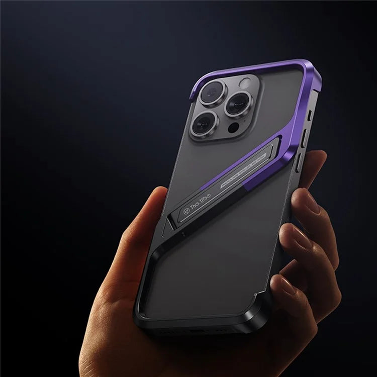 For iPhone 15 Pro Max Bumper Case Kickstand S-Shaped Frameless Aluminium Alloy Phone Cover