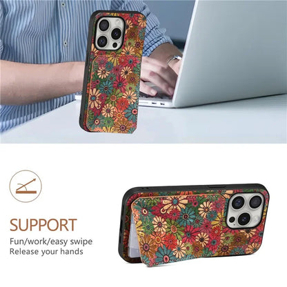 For iPhone 16 Pro Max Case with Card Holder Flowers Design Leather Phone Cover Kickstand