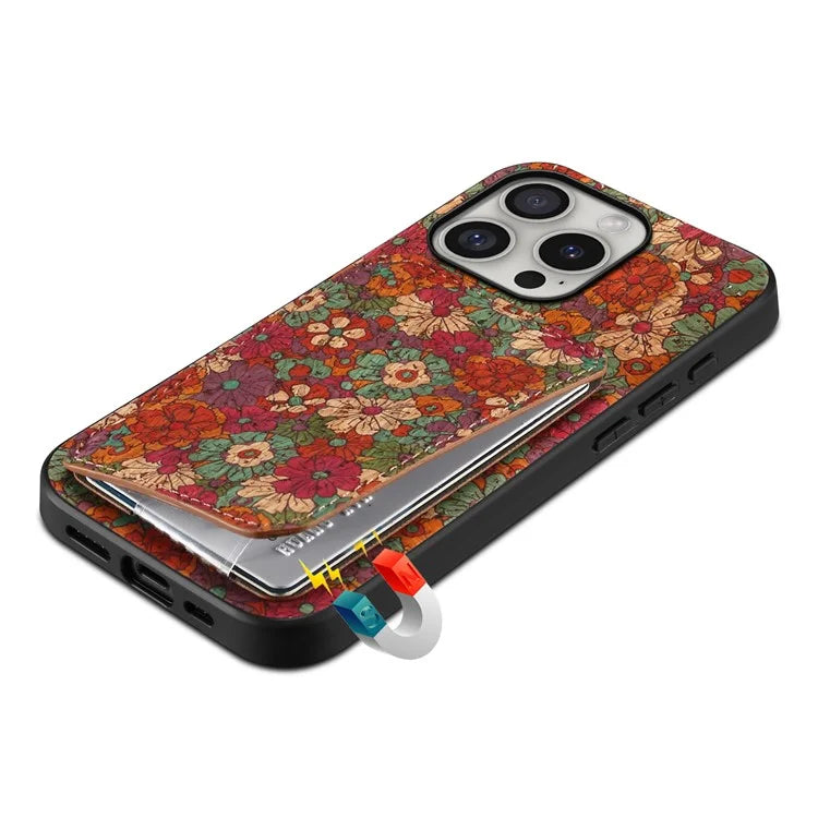 For iPhone 16 Pro Max Case with Card Holder Flowers Design Leather Phone Cover Kickstand