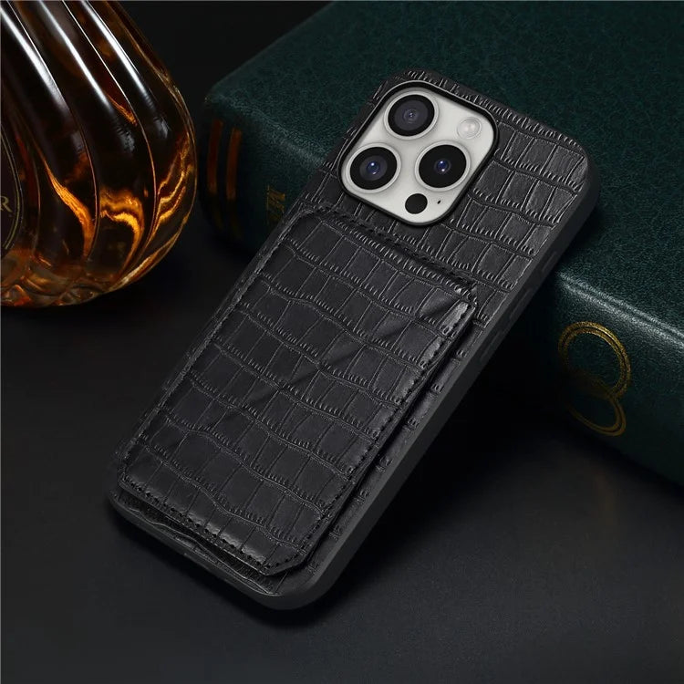 D03 Style For iPhone 16 Pro Max Case Crocodile Texture PU+PC+TPU Kickstand Phone Cover with Card Slot
