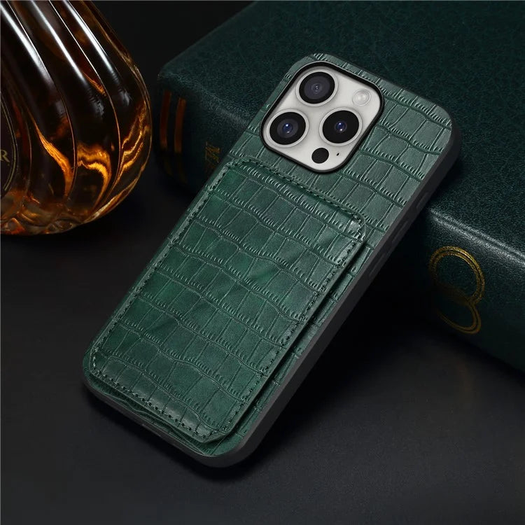 D03 Style For iPhone 16 Pro Max Case Crocodile Texture PU+PC+TPU Kickstand Phone Cover with Card Slot