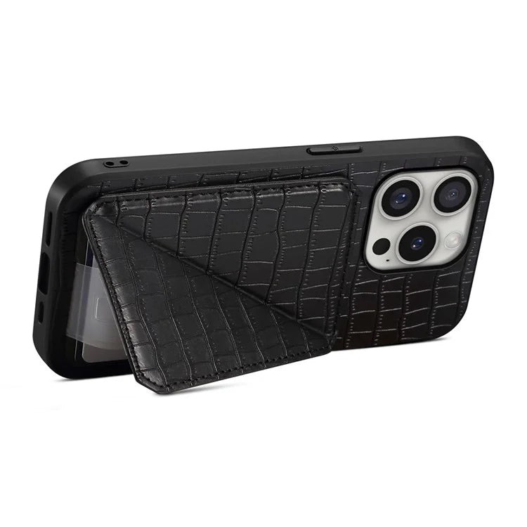 D03 Style For iPhone 16 Pro Case Crocodile Texture PU+PC+TPU Phone Cover with Kickstand, Card Slot