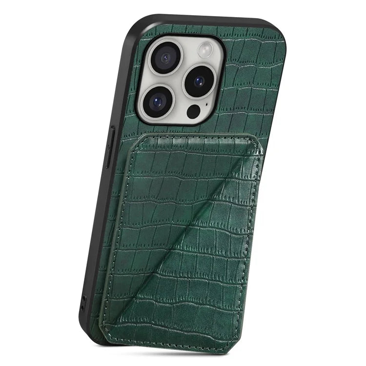D03 Style For iPhone 16 Pro Case Crocodile Texture PU+PC+TPU Phone Cover with Kickstand, Card Slot