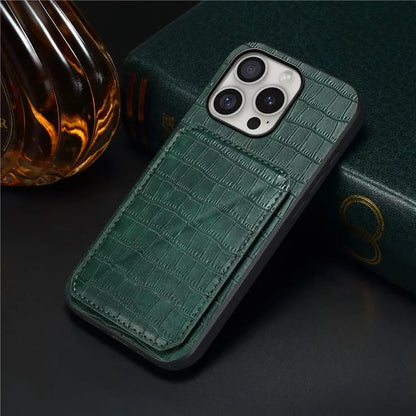 D03 Style For iPhone 16 Pro Case Crocodile Texture PU+PC+TPU Phone Cover with Kickstand, Card Slot
