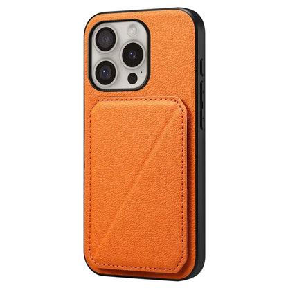 DENIOR D04 For iPhone 16 Pro Max Case Dual Card Slots Kickstand Leather+PC+TPU Cover