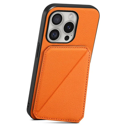 DENIOR D04 For iPhone 16 Pro Max Case Dual Card Slots Kickstand Leather+PC+TPU Cover
