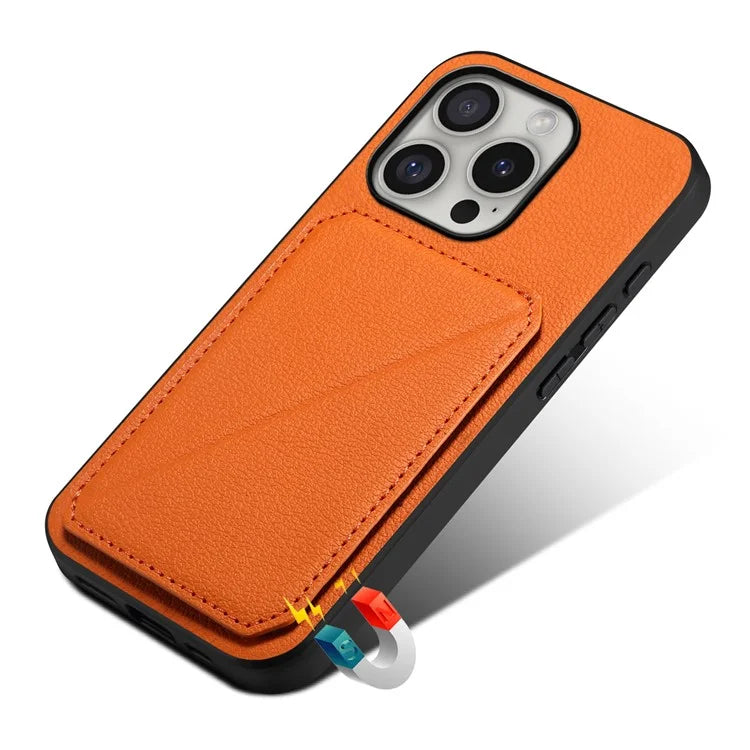 DENIOR D04 For iPhone 16 Pro Max Case Dual Card Slots Kickstand Leather+PC+TPU Cover