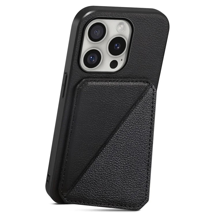 DENIOR D04 For iPhone 16 Pro Max Case Dual Card Slots Kickstand Leather+PC+TPU Cover