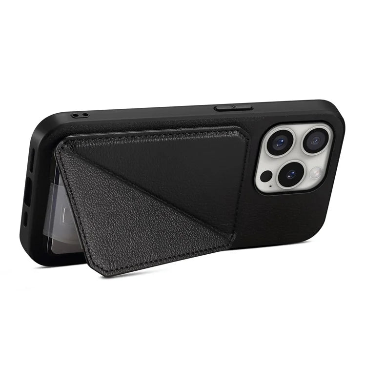 DENIOR D04 For iPhone 16 Pro Max Case Dual Card Slots Kickstand Leather+PC+TPU Cover