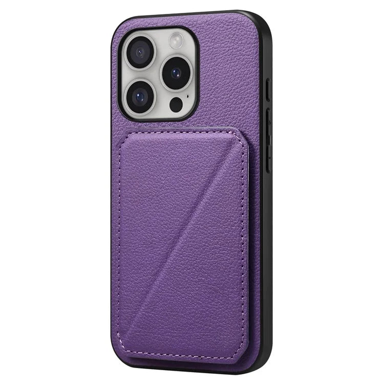 DENIOR D04 For iPhone 16 Pro Max Case Dual Card Slots Kickstand Leather+PC+TPU Cover