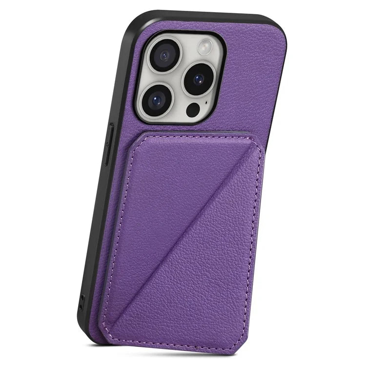 DENIOR D04 For iPhone 16 Pro Max Case Dual Card Slots Kickstand Leather+PC+TPU Cover