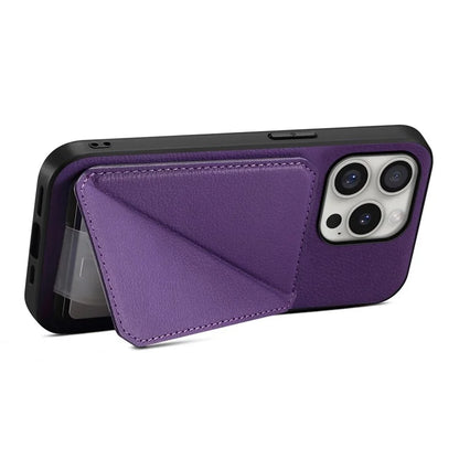 DENIOR D04 For iPhone 16 Pro Max Case Dual Card Slots Kickstand Leather+PC+TPU Cover