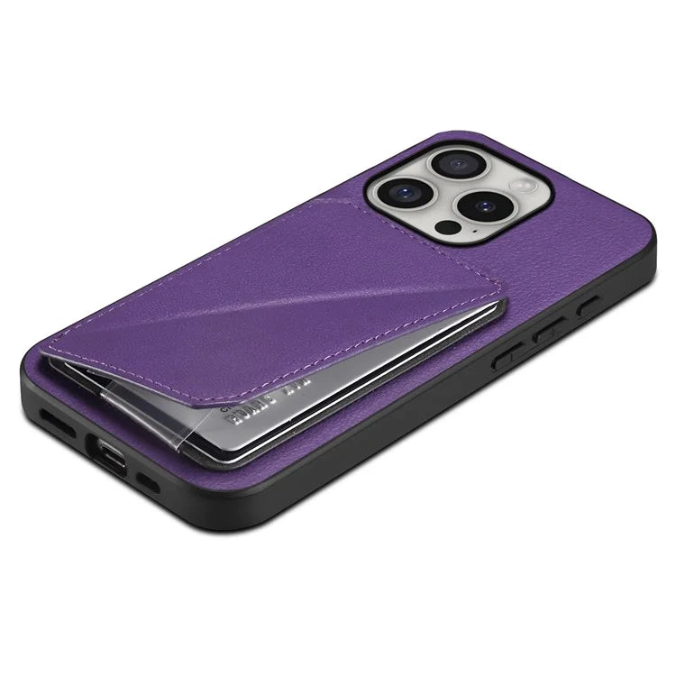DENIOR D04 For iPhone 16 Pro Max Case Dual Card Slots Kickstand Leather+PC+TPU Cover