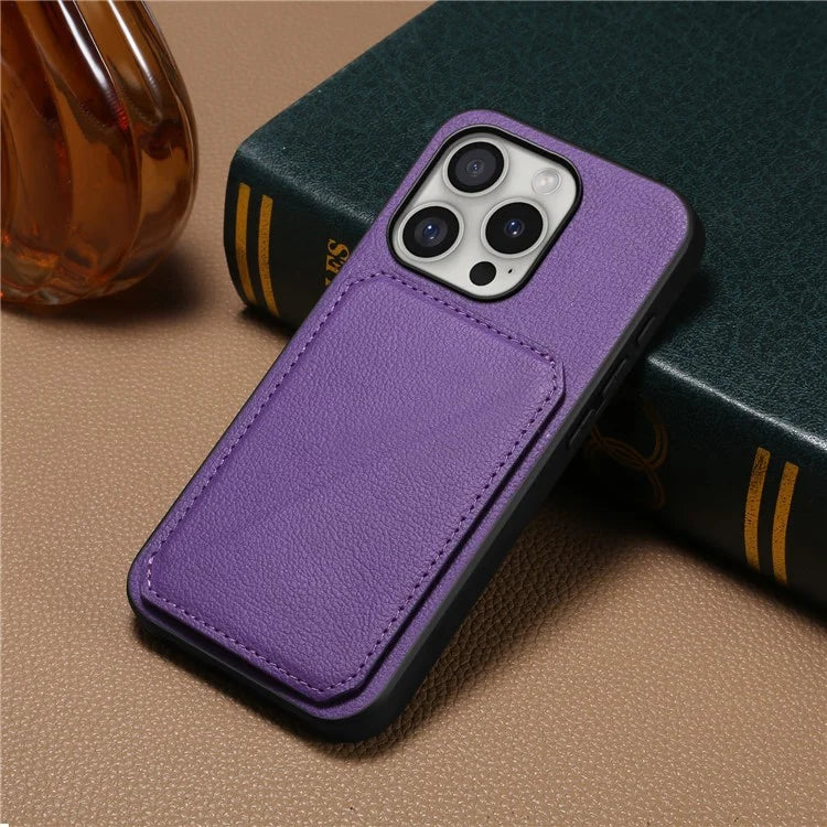 DENIOR D04 For iPhone 16 Pro Max Case Dual Card Slots Kickstand Leather+PC+TPU Cover