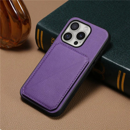 DENIOR D04 For iPhone 16 Pro Max Case Dual Card Slots Kickstand Leather+PC+TPU Cover