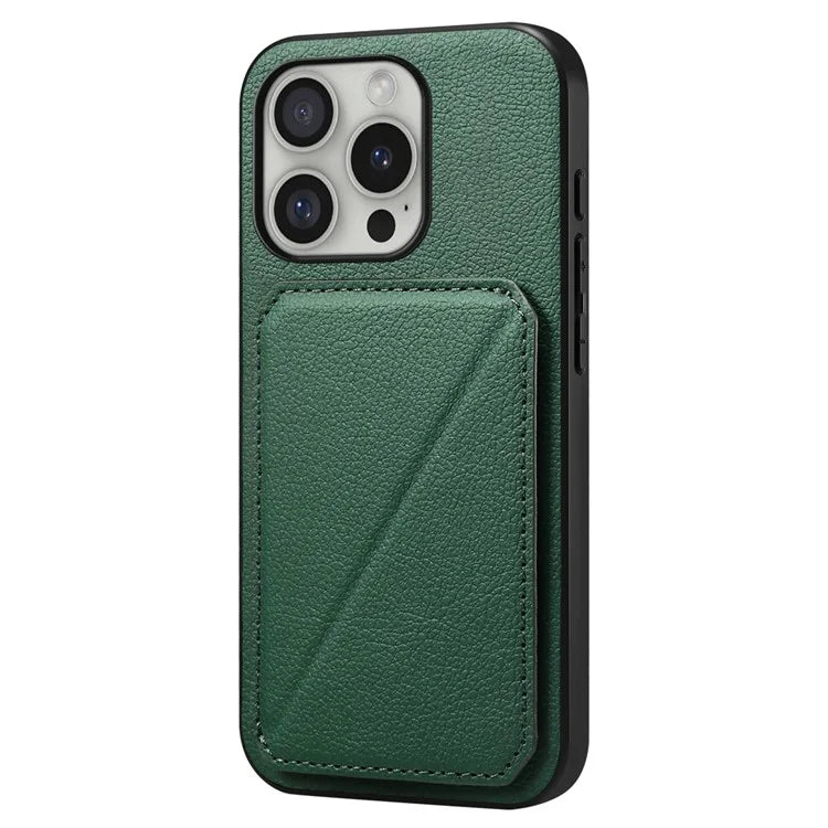DENIOR D04 For iPhone 16 Pro Max Case Dual Card Slots Kickstand Leather+PC+TPU Cover