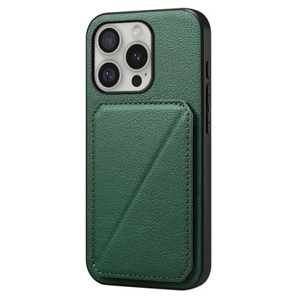 DENIOR D04 For iPhone 16 Pro Max Case Dual Card Slots Kickstand Leather+PC+TPU Cover