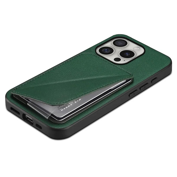 DENIOR D04 For iPhone 16 Pro Max Case Dual Card Slots Kickstand Leather+PC+TPU Cover