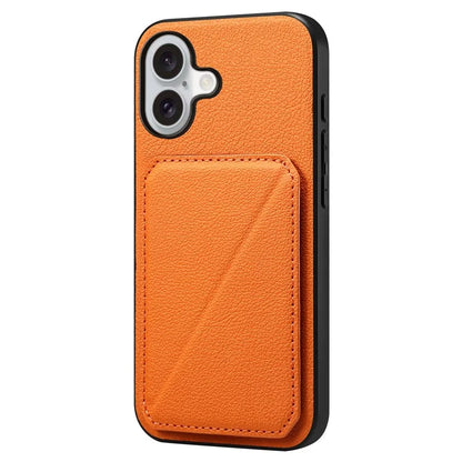 DENIOR D04 For iPhone 16 Plus Case Dual Card Slots Leather Coated PC+TPU Phone Cover