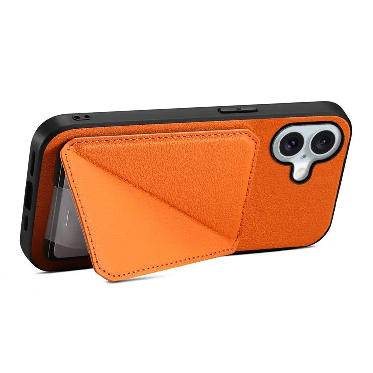 DENIOR D04 For iPhone 16 Plus Case Dual Card Slots Leather Coated PC+TPU Phone Cover