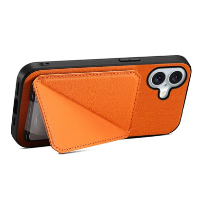 DENIOR D04 For iPhone 16 Plus Case Dual Card Slots Leather Coated PC+TPU Phone Cover
