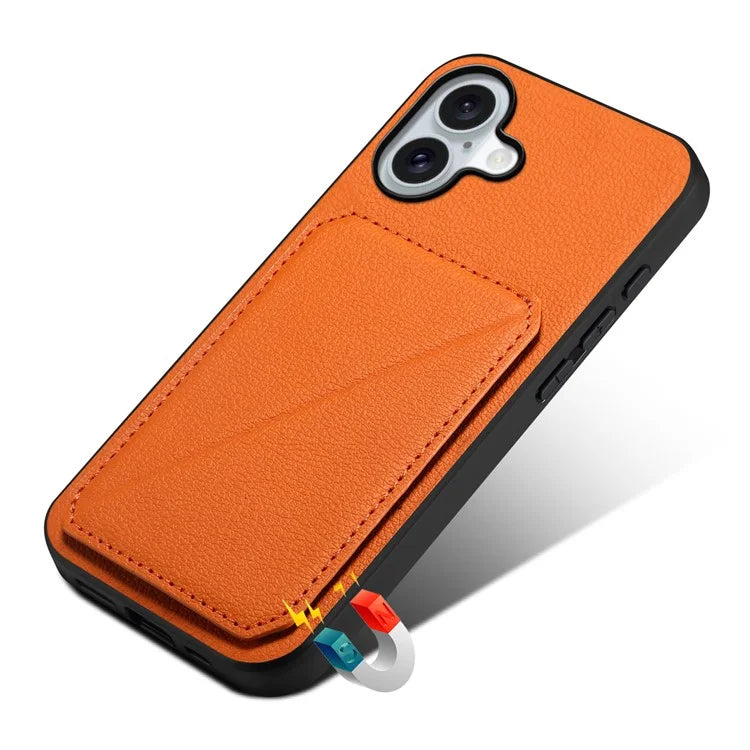 DENIOR D04 For iPhone 16 Plus Case Dual Card Slots Leather Coated PC+TPU Phone Cover