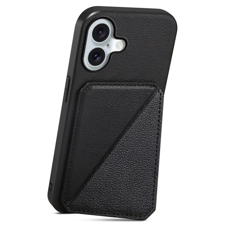 DENIOR D04 For iPhone 16 Plus Case Dual Card Slots Leather Coated PC+TPU Phone Cover