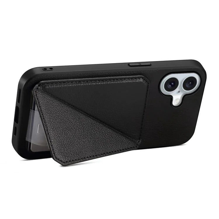 DENIOR D04 For iPhone 16 Plus Case Dual Card Slots Leather Coated PC+TPU Phone Cover