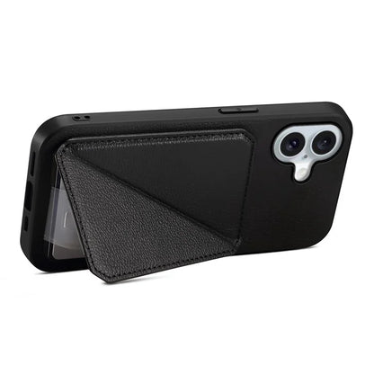 DENIOR D04 For iPhone 16 Plus Case Dual Card Slots Leather Coated PC+TPU Phone Cover