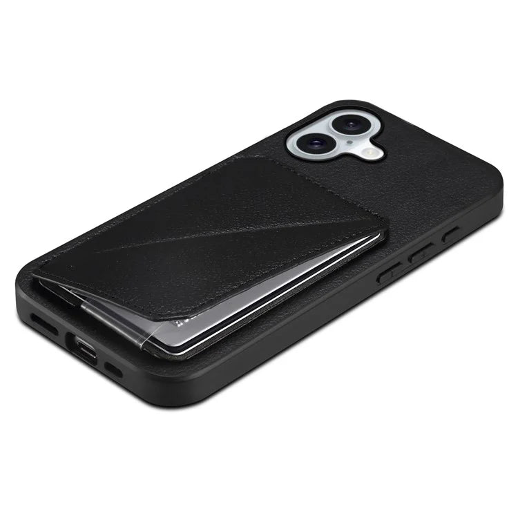 DENIOR D04 For iPhone 16 Plus Case Dual Card Slots Leather Coated PC+TPU Phone Cover