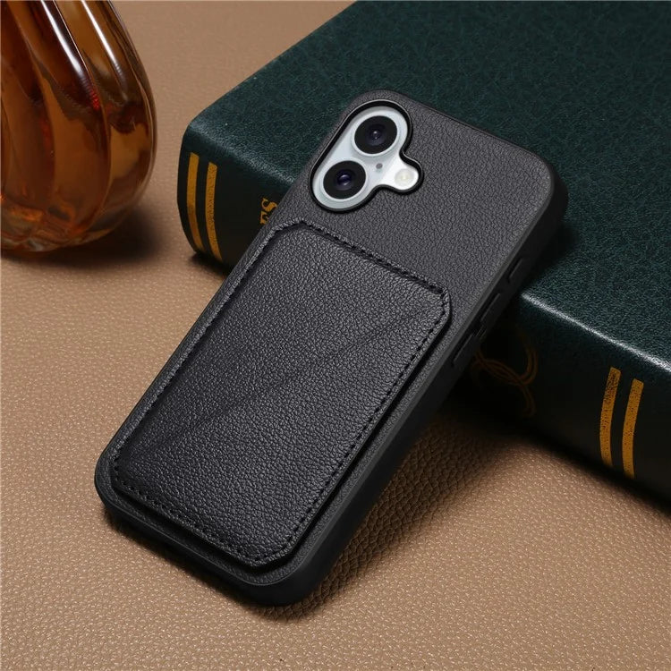 DENIOR D04 For iPhone 16 Plus Case Dual Card Slots Leather Coated PC+TPU Phone Cover