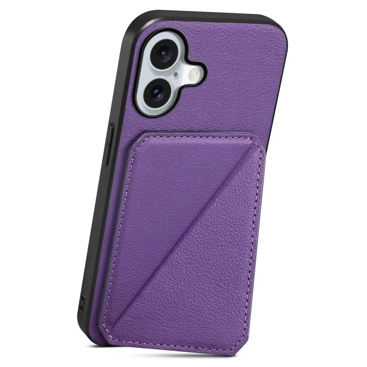 DENIOR D04 For iPhone 16 Plus Case Dual Card Slots Leather Coated PC+TPU Phone Cover