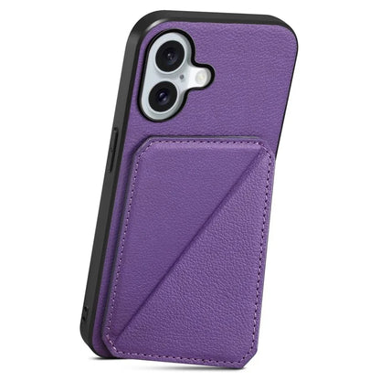 DENIOR D04 For iPhone 16 Plus Case Dual Card Slots Leather Coated PC+TPU Phone Cover