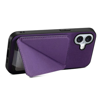 DENIOR D04 For iPhone 16 Plus Case Dual Card Slots Leather Coated PC+TPU Phone Cover