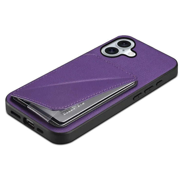DENIOR D04 For iPhone 16 Plus Case Dual Card Slots Leather Coated PC+TPU Phone Cover
