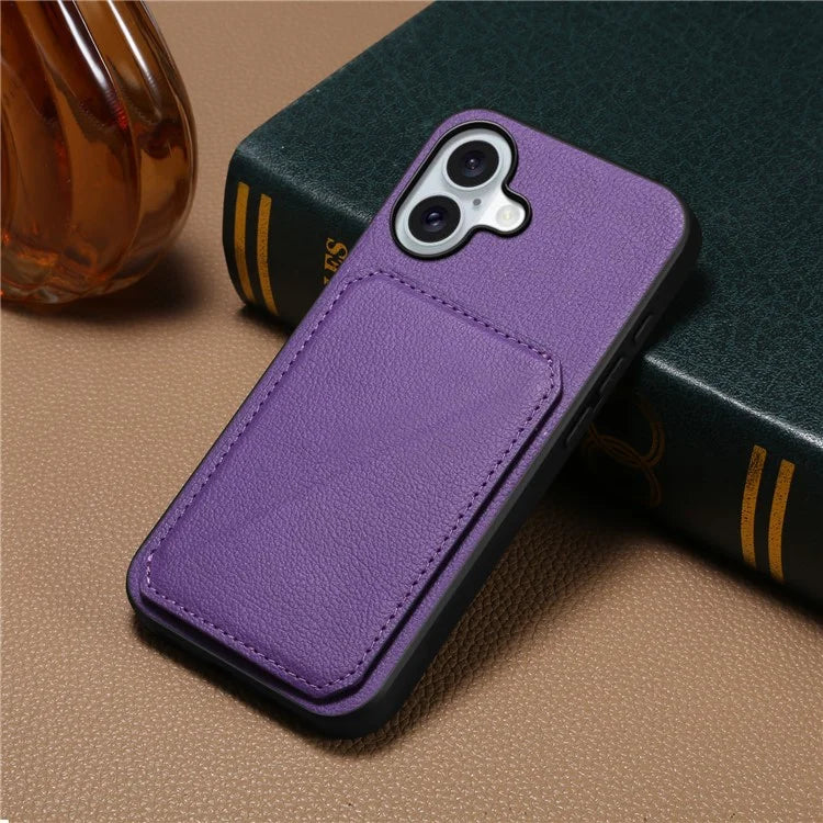 DENIOR D04 For iPhone 16 Plus Case Dual Card Slots Leather Coated PC+TPU Phone Cover