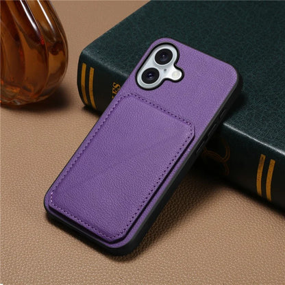 DENIOR D04 For iPhone 16 Plus Case Dual Card Slots Leather Coated PC+TPU Phone Cover