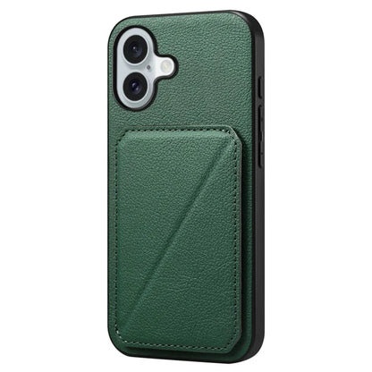 DENIOR D04 For iPhone 16 Plus Case Dual Card Slots Leather Coated PC+TPU Phone Cover