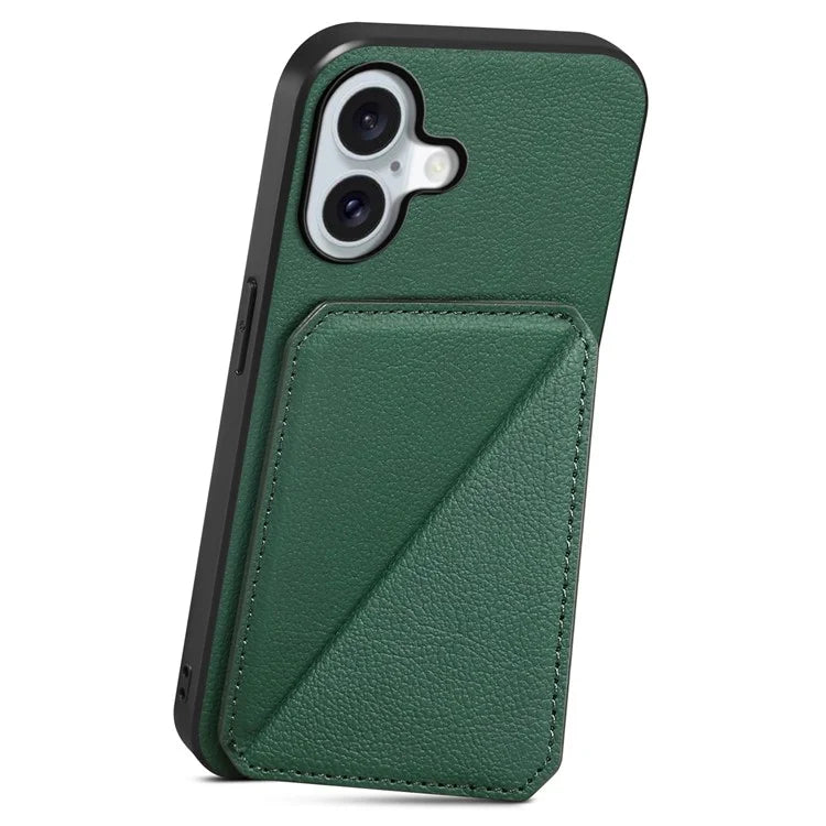 DENIOR D04 For iPhone 16 Plus Case Dual Card Slots Leather Coated PC+TPU Phone Cover