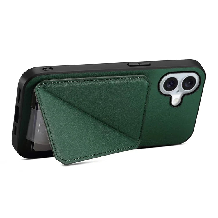 DENIOR D04 For iPhone 16 Plus Case Dual Card Slots Leather Coated PC+TPU Phone Cover
