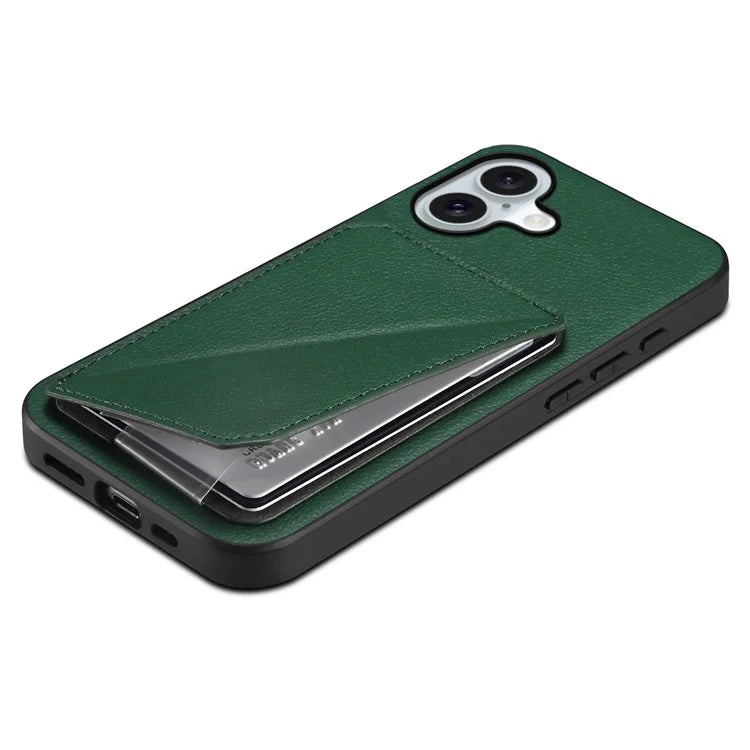 DENIOR D04 For iPhone 16 Plus Case Dual Card Slots Leather Coated PC+TPU Phone Cover