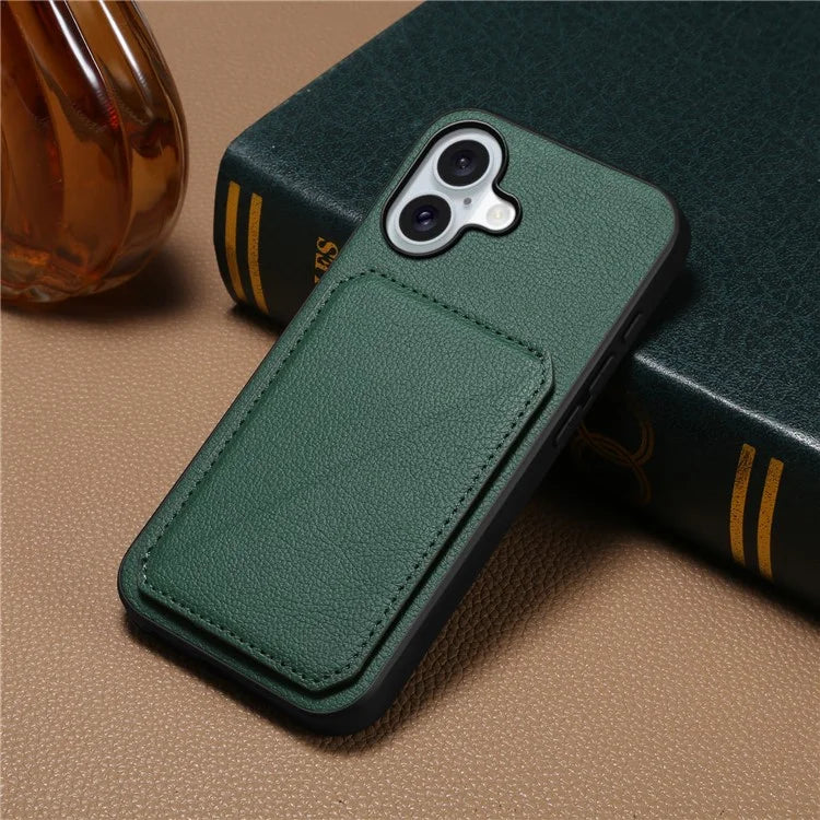 DENIOR D04 For iPhone 16 Plus Case Dual Card Slots Leather Coated PC+TPU Phone Cover