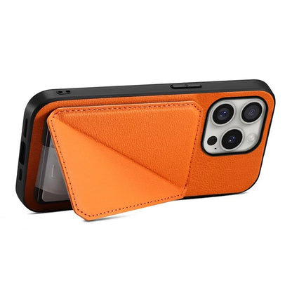 DENIOR D04 For iPhone 16 Pro Case Card Holder Kickstand Leather Coated Phone Cover