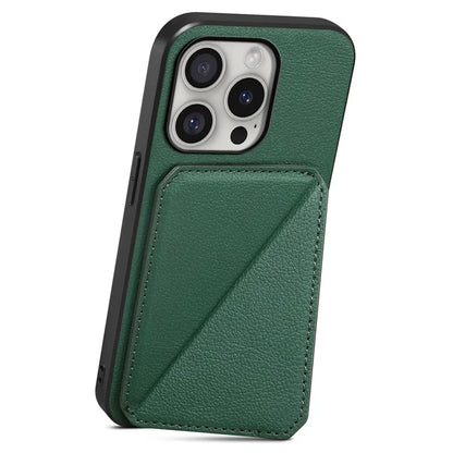 DENIOR D04 For iPhone 16 Pro Case Card Holder Kickstand Leather Coated Phone Cover